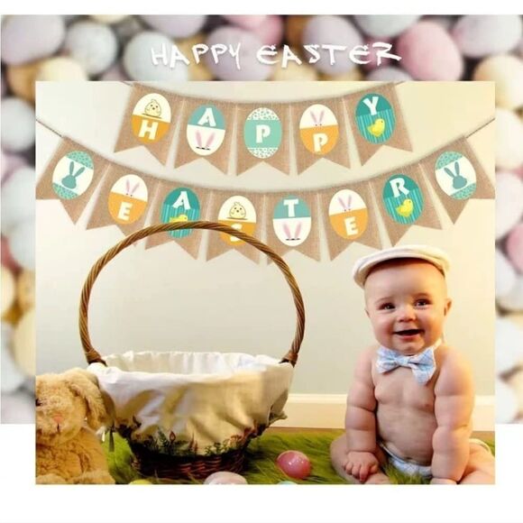 NWT Burlap Happy Easter Banner - 2pcs Easter Bunny Rabbits Bunting Garland Flags - Picture 3 of 4